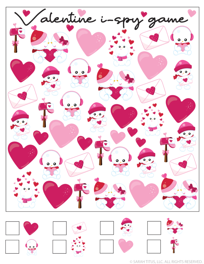 Sweetheart Snowman I-Spy printable game with cute snowman and Valentine themed hearts for a fun screen free activity