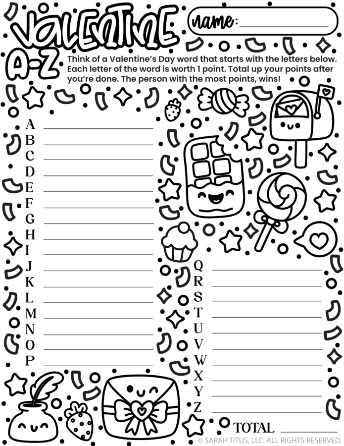 Valentine’s Day A–Z printable game worksheet with A–Z letter lines for writing Valentine words, plus cute doodles like candy, chocolate, mailbox, lollipop, and love letter.