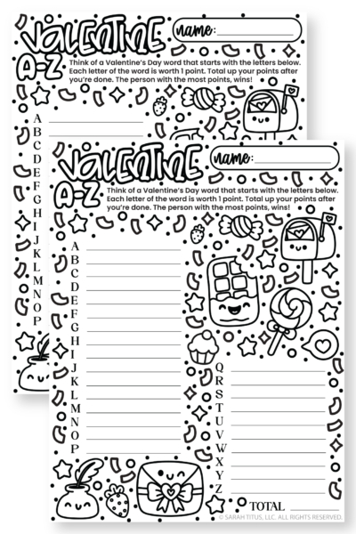 Black-and-white Valentine’s Day A–Z activity page featuring a name line, scoring instructions, and spaces to fill in words for each letter in a cute kawaii style.