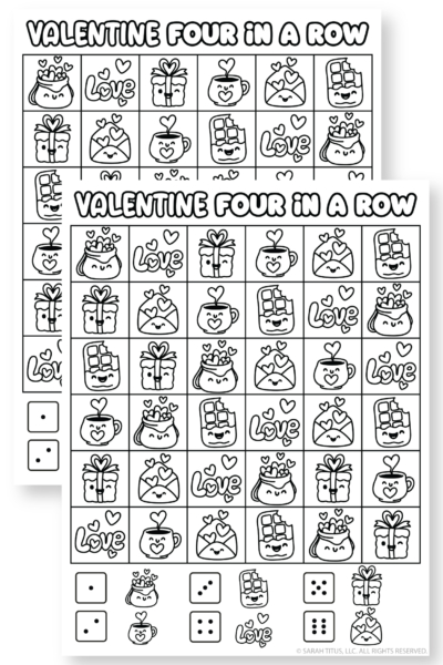 Black-and-white Valentine connect four style game sheet featuring a grid of kawaii Valentine pictures plus game pieces at the bottom.