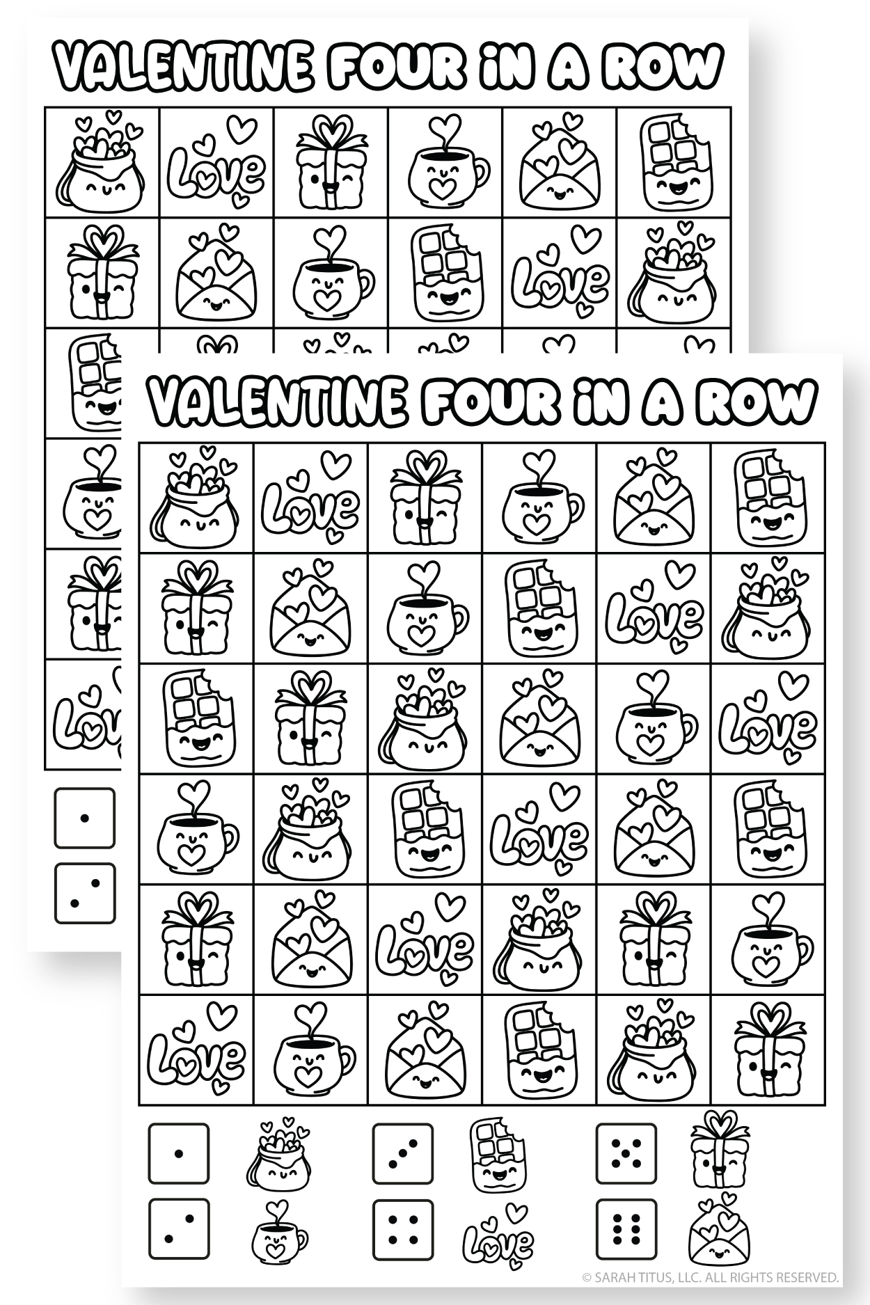Black-and-white Valentine connect four style game sheet featuring a grid of kawaii Valentine pictures plus game pieces at the bottom.