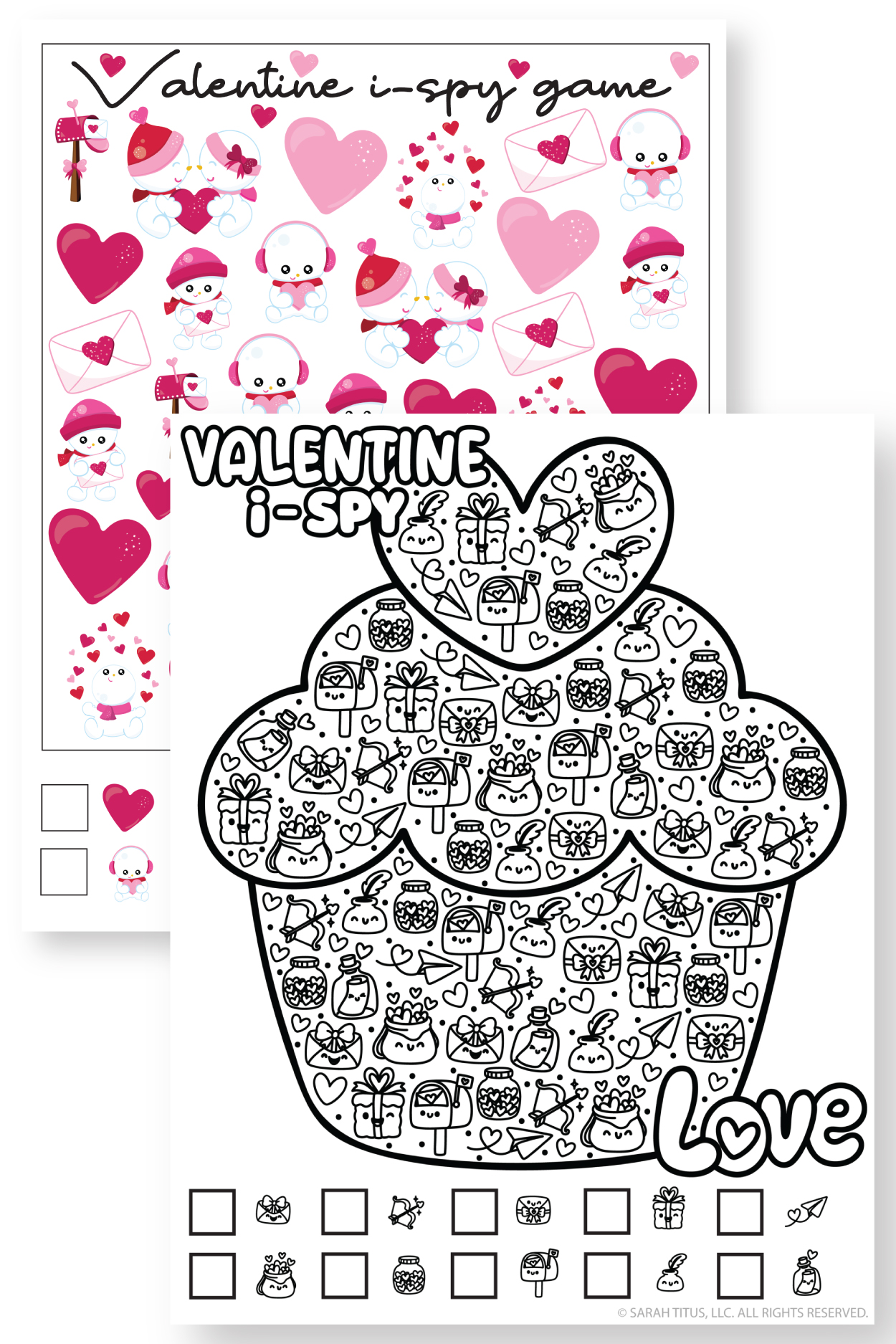 Sweetheart Snowman I-Spy printable game preview with cute pink snowmen, hearts, and Valentine icons, plus a black and white cupcake Valentine I-Spy coloring page