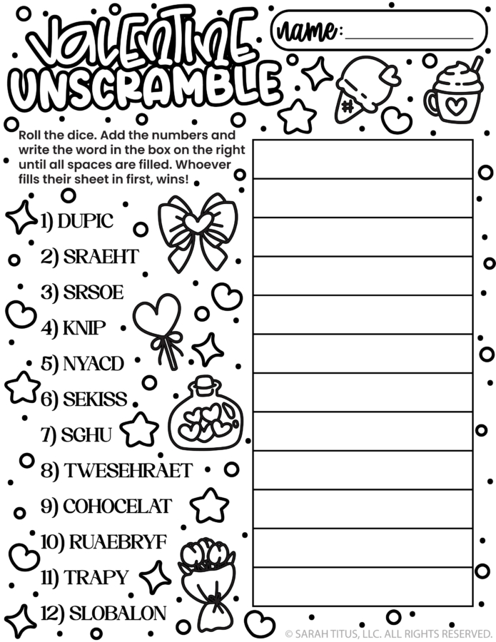 Valentine unscramble printable game sheet with roll-the-dice directions, scrambled Valentine words, and a large answer column with cute hearts and bows.