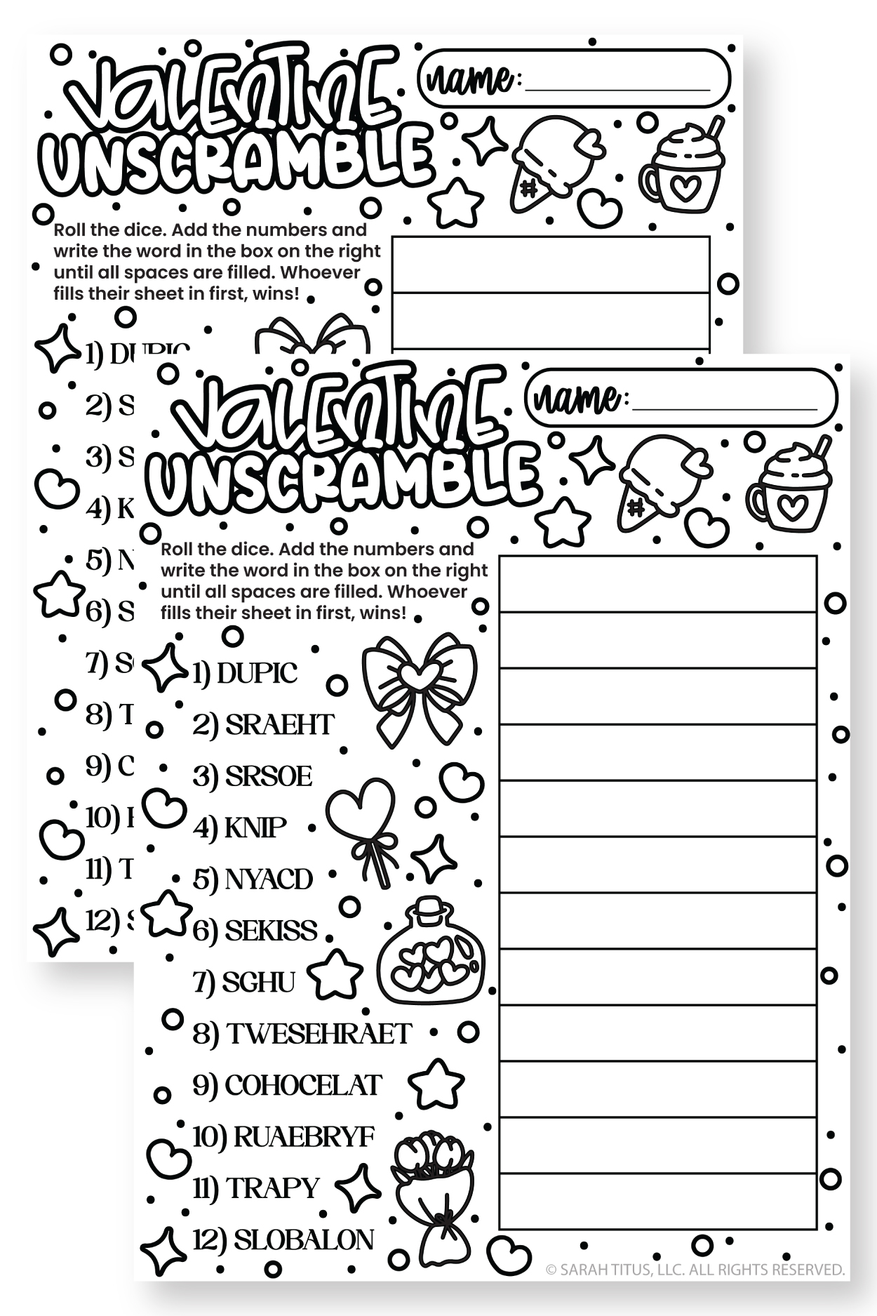 Black-and-white Valentine word scramble activity page featuring a name line, 12 scrambled love-themed words, and space to write answers