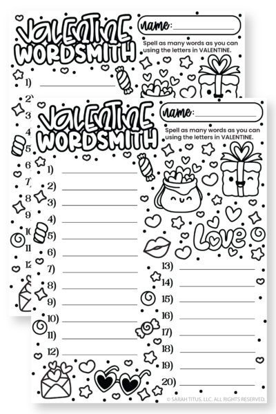 Black-and-white Valentine word game worksheet featuring a name line, 20 blanks to fill, and kawaii Valentine icons like love letters, candy, and “love” text.
