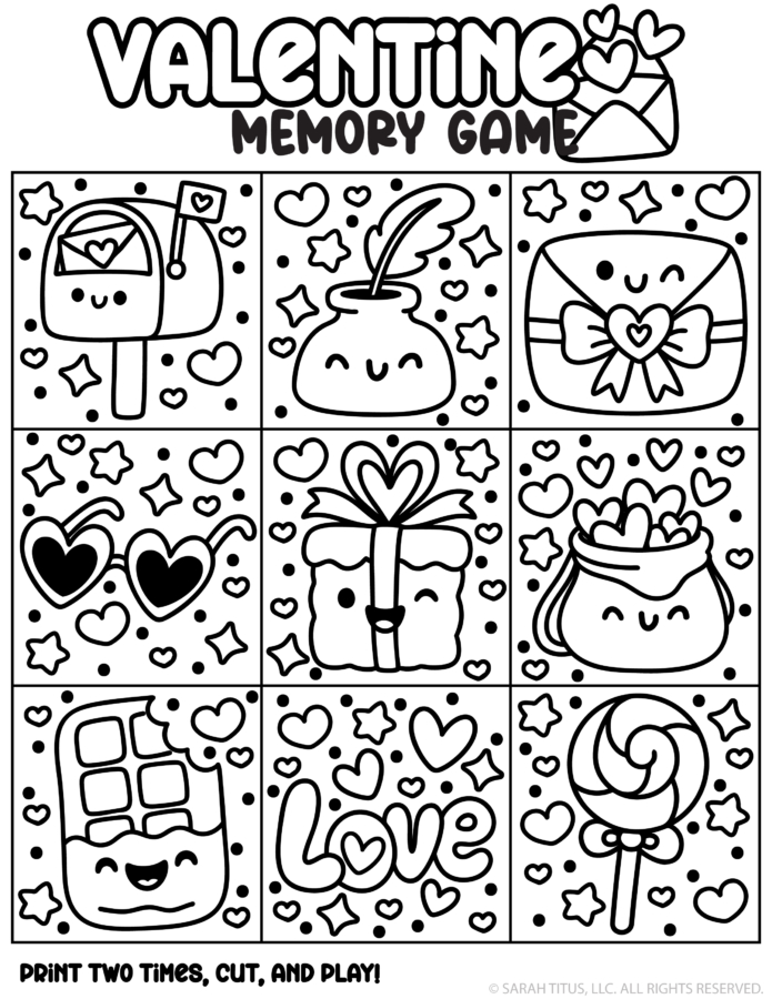 Valentine’s Day memory game printable with 9 cute icon cards (mailbox, love letters, hearts, gift, candy jar, chocolate, lollipop) and “print two times, cut, and play.”