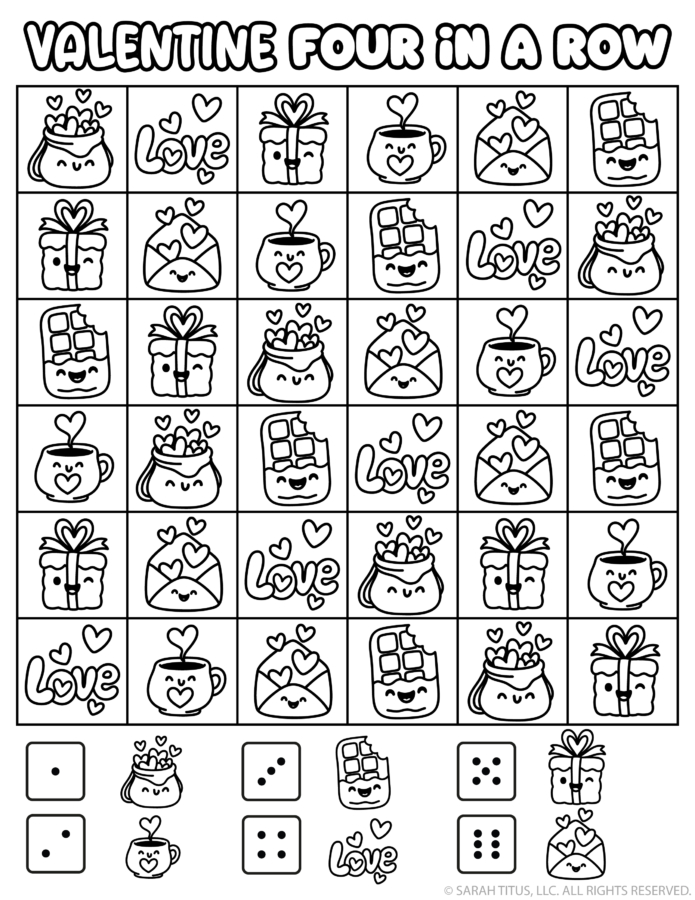 Valentine Four in a Row printable game board with cute love-themed icons like gifts, hot cocoa, heart letters, chocolate, and “love” doodles.