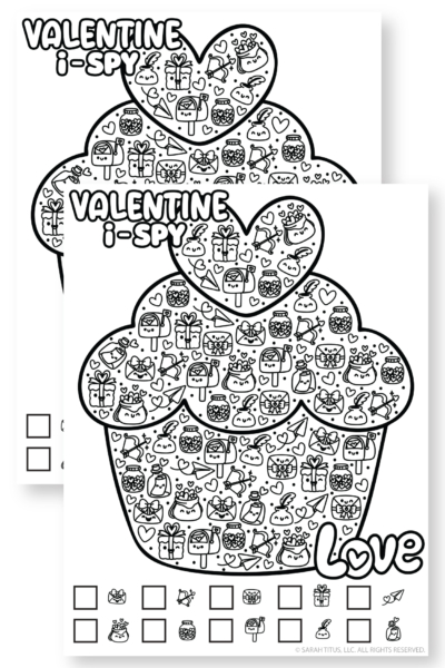 Valentine I-Spy printable game shaped like a cupcake, filled with cute love icons to find and count, with check boxes at the bottom.