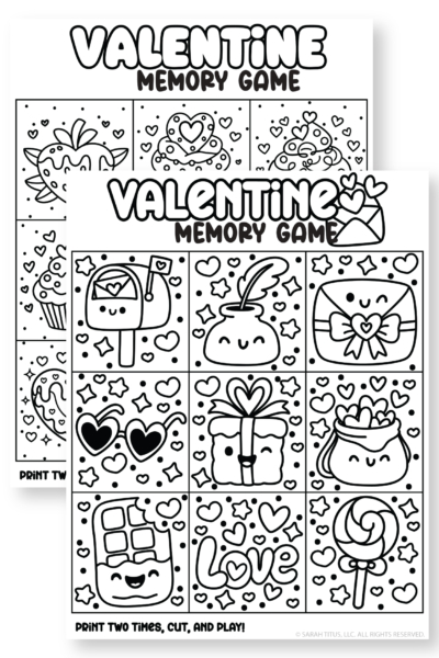 Valentine’s Day memory game printable with dessert-themed cards like heart strawberry, cupcakes, hot cocoa, cake, heart cookie, marshmallow mug, and candy jar.