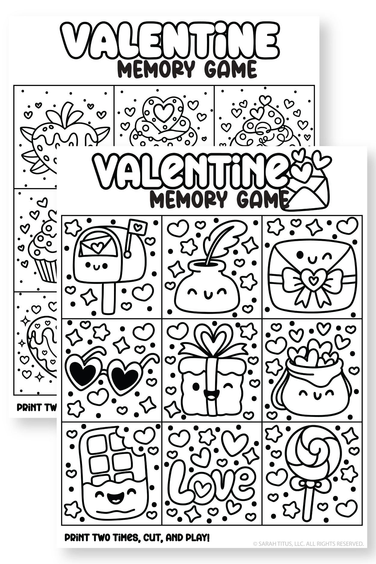Valentine’s Day memory game printable with dessert-themed cards like heart strawberry, cupcakes, hot cocoa, cake, heart cookie, marshmallow mug, and candy jar.