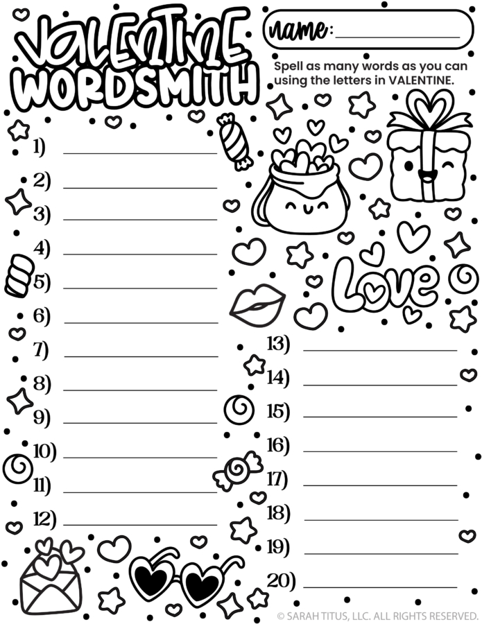 Valentine Wordsmith printable game where kids make words using the letters in VALENTINE, with writing lines and cute hearts, candy, and gift doodles.
