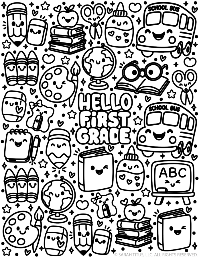 First grade: Hello first grade coloring page with cute glue bottle, scissors, and sparkly confetti icons