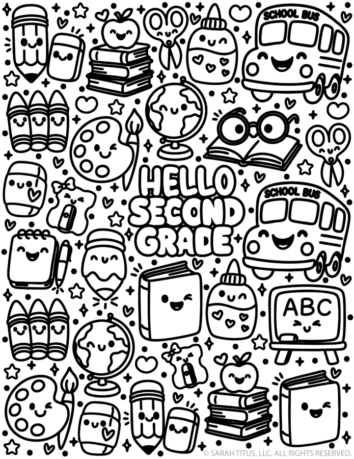Second grade: Hello second grade coloring page showing a cheerful notebook, chunky crayon trio, and little doodle hearts
