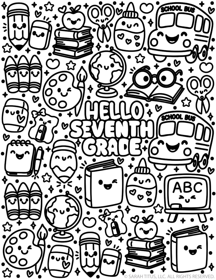 Seventh grade: Hello seventh grade coloring page with happy eraser, marker, and floating mini hearts and stars