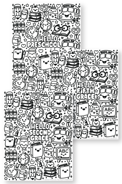 Back to school coloring pages free printables hello grade page with kawaii school icons