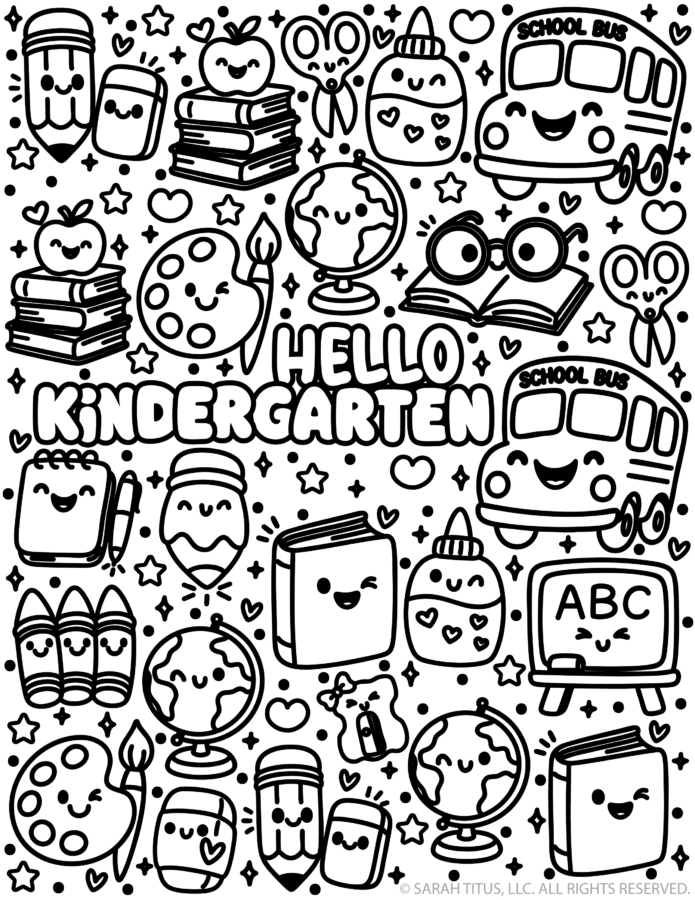 Kindergarten: Hello kindergarten coloring page featuring a happy school bus, apple on books, and heart accents