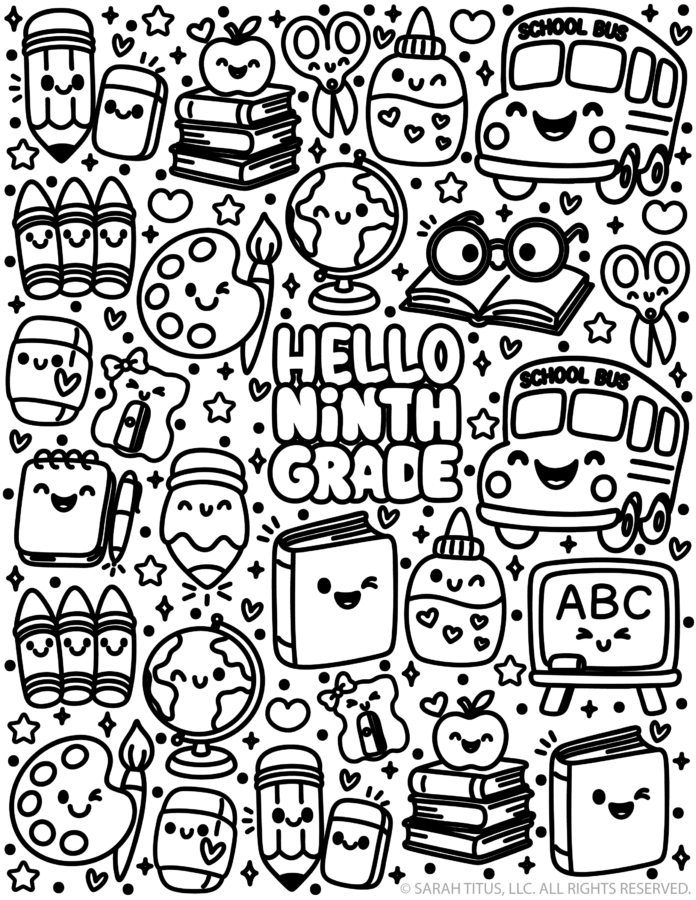 Ninth grade: Hello ninth grade coloring page with bold school doodles, stack of books, and smiling stationery characters