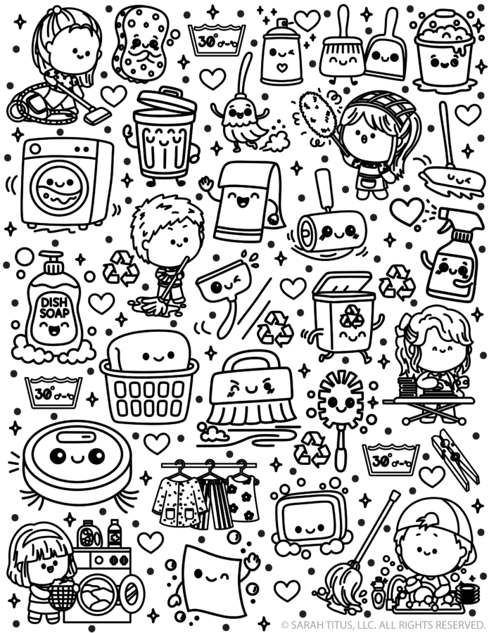 Kawaii Cleaning Sticker Coloring Page With Mop Broom Spray Bottle Washing Machine And Dish Soap