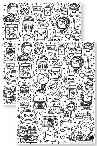 Super Cute Cleaning Coloring Stickers Printable With Kawaii Laundry And Dishes Icons