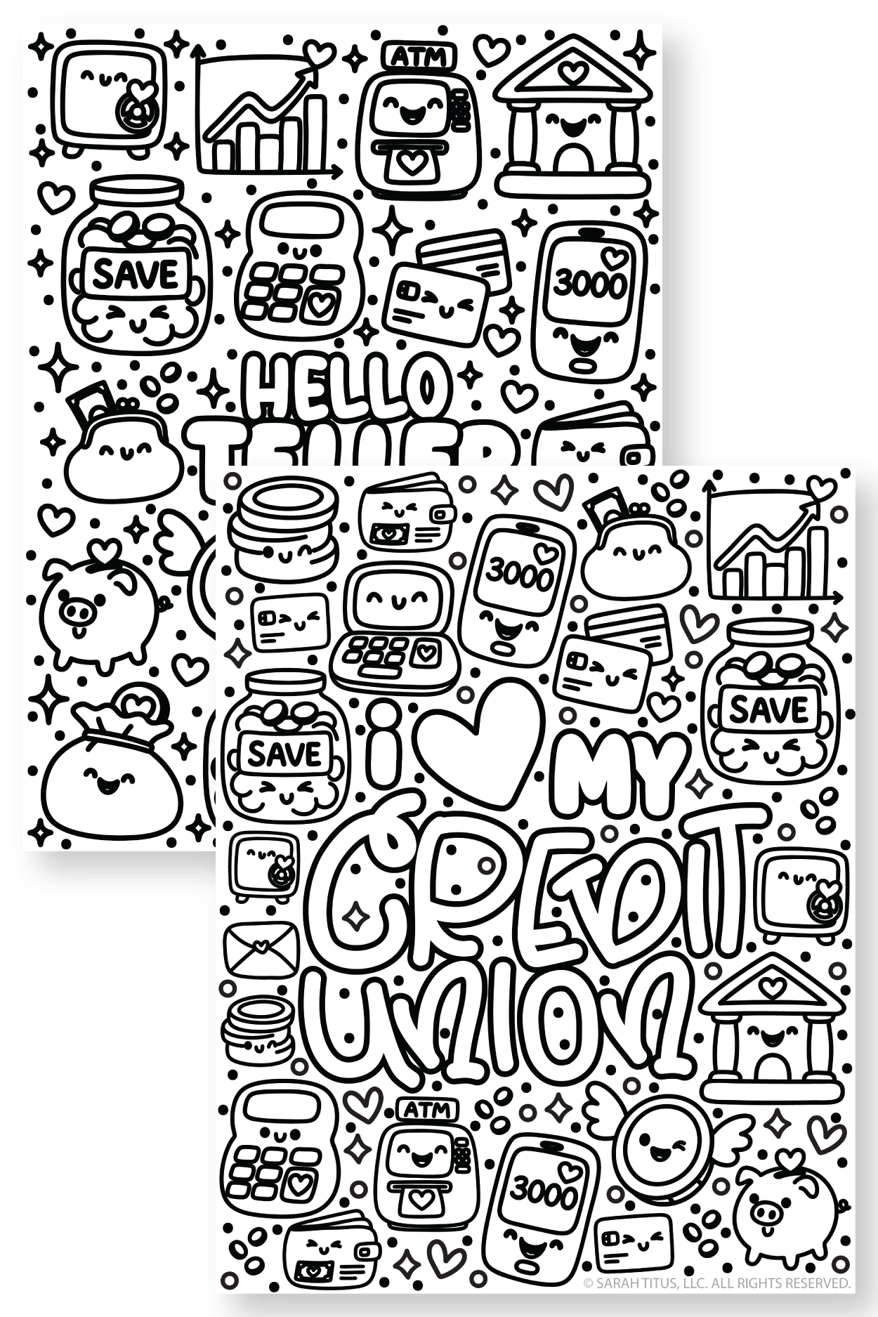 Credit union coloring pages free printable set featuring Hello Teller and I Love My Credit Union cute kawaii money-themed coloring sheets for kids