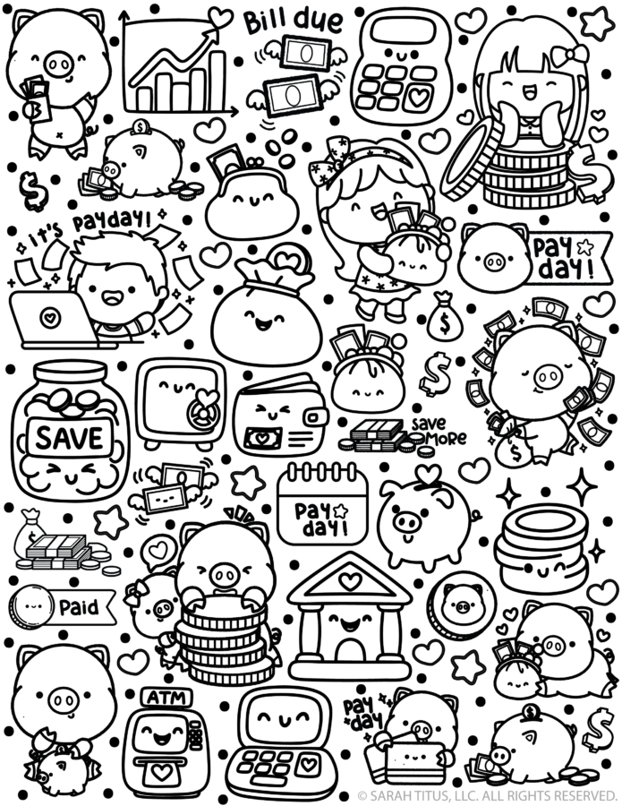 Free printable cute kawaii money stickers coloring sheet with piggy banks, coins, and payday doodles