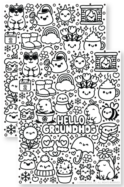 Groundhog day coloring page printable with kawaii icons like cocoa, scarf, snowflakes, boots, and February 2 calendar