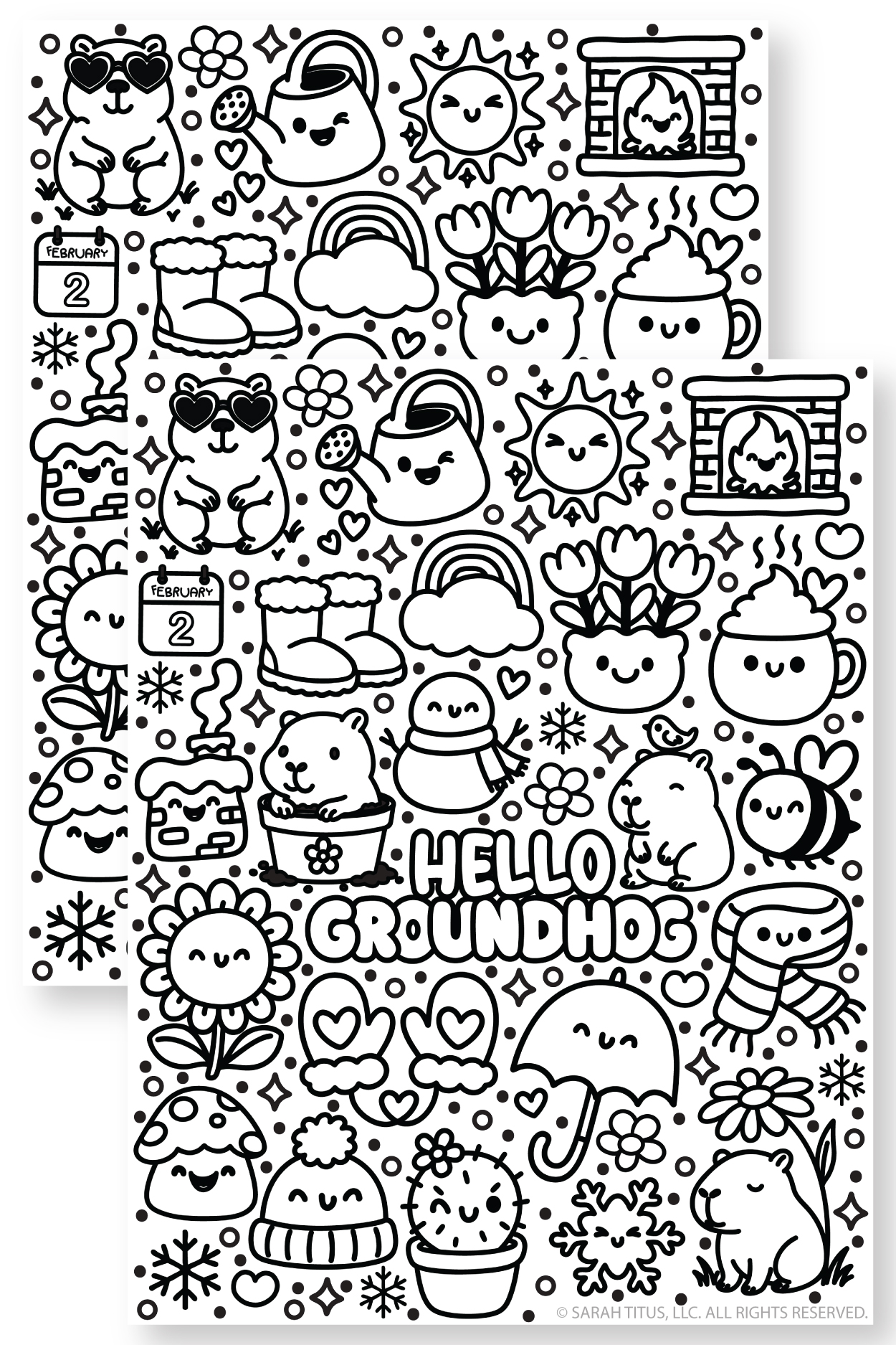 Groundhog day coloring page printable with kawaii icons like cocoa, scarf, snowflakes, boots, and February 2 calendar