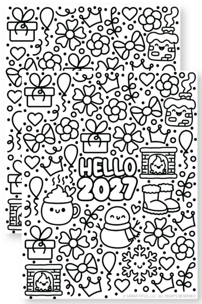 Cute Hello 2027 New Year coloring page printable with hand drawn festive doodles for relaxing coloring