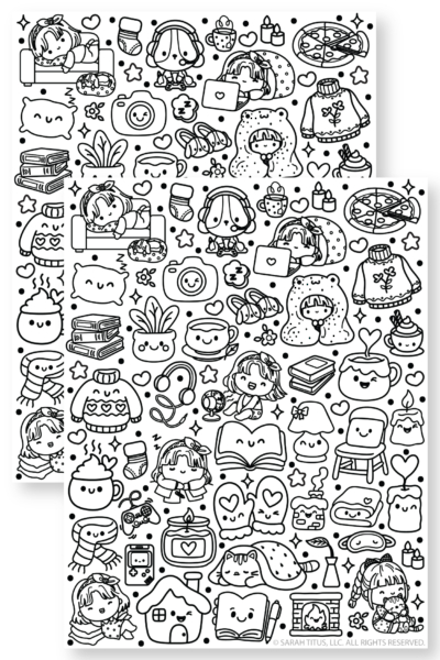 Cozy home coloring stickers printable with cute kawaii doodles like coffee candles books cat blanket and cozy icons