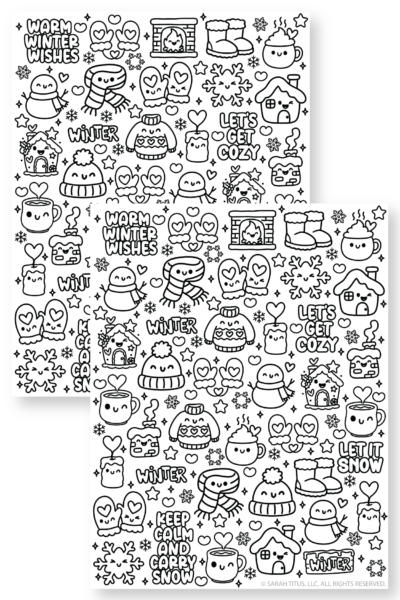 Printable winter sticker sheet with snowman, hot cocoa, mittens, boots, sweater, and snowflakes