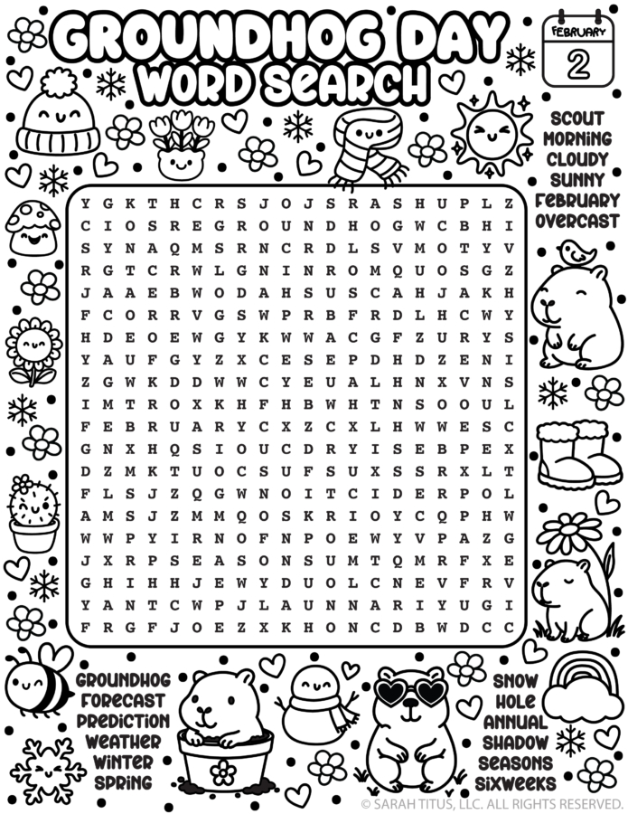 Groundhog Day Word Search Printable Letter Grid With Weather Shadow And February Words