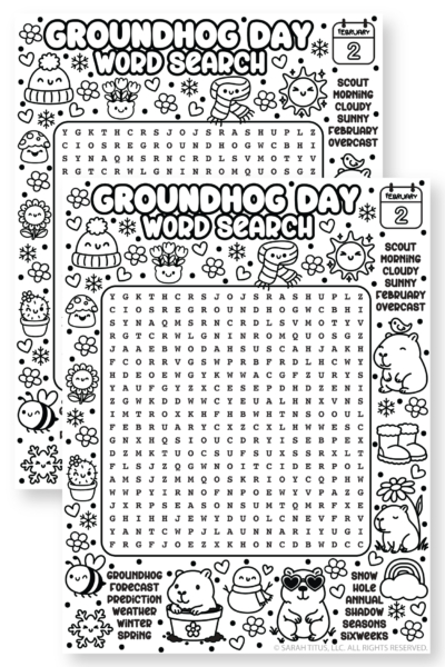 Free Printable Groundhog Day Word Search Black and White Cute February Puzzle