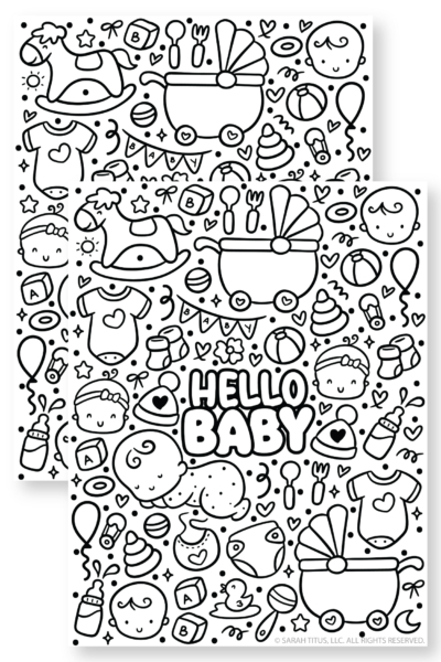 HELLO BABY bubble letters surrounded by cute baby doodles like a pram, diaper, bib, and toy duck
