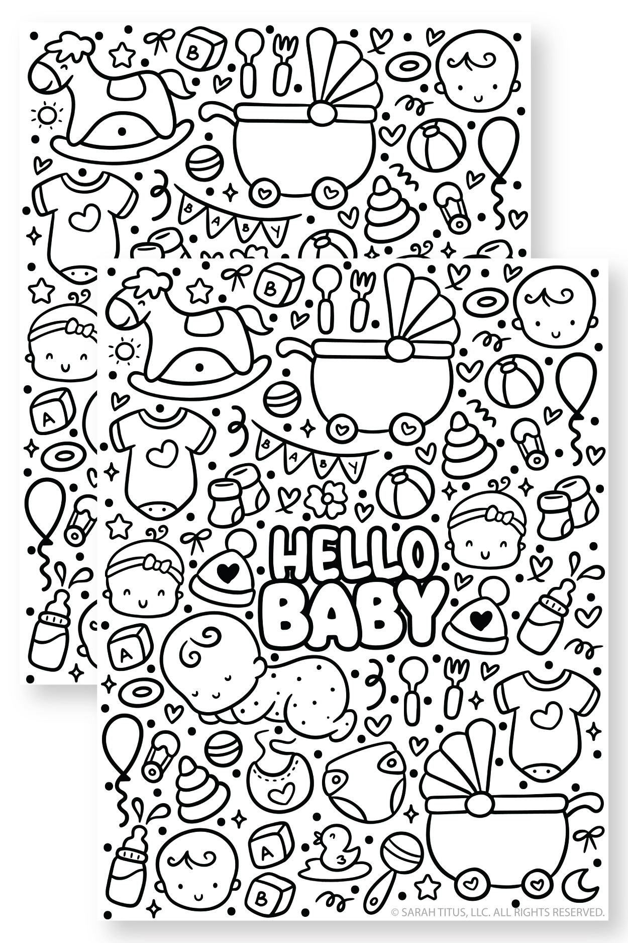 HELLO BABY bubble letters surrounded by cute baby doodles like a pram, diaper, bib, and toy duck