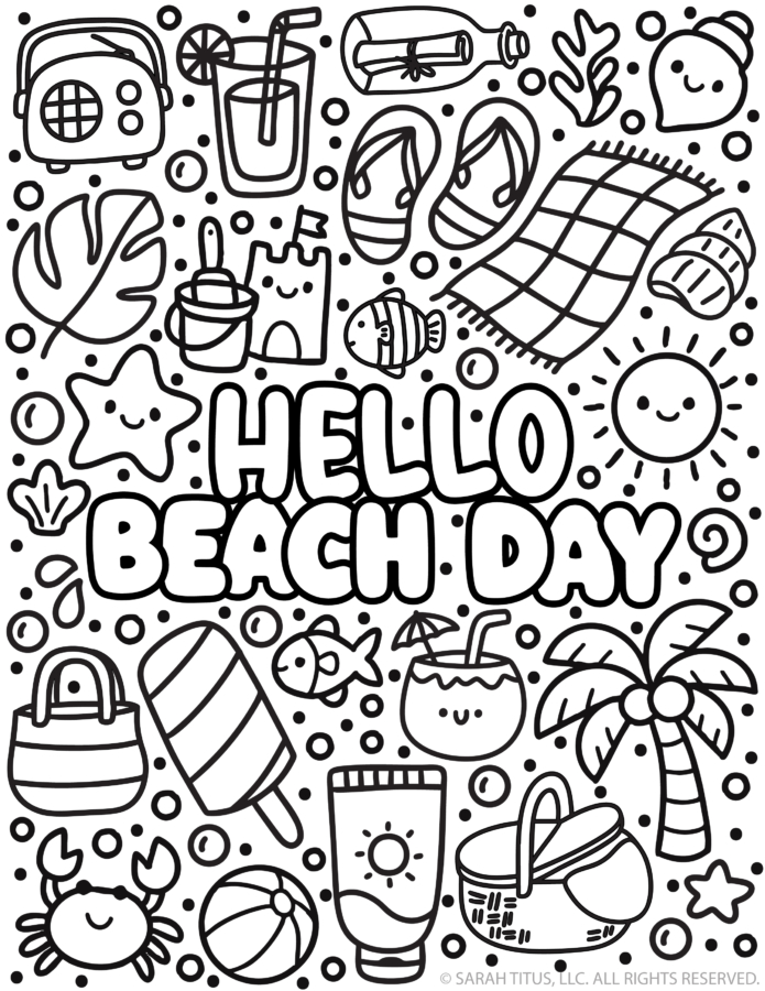 Free Hello Beach Day coloring sheet for kids with kawaii summer doodles, beach towel, popsicle, beach ball, coconut drink, and ocean-themed icons.