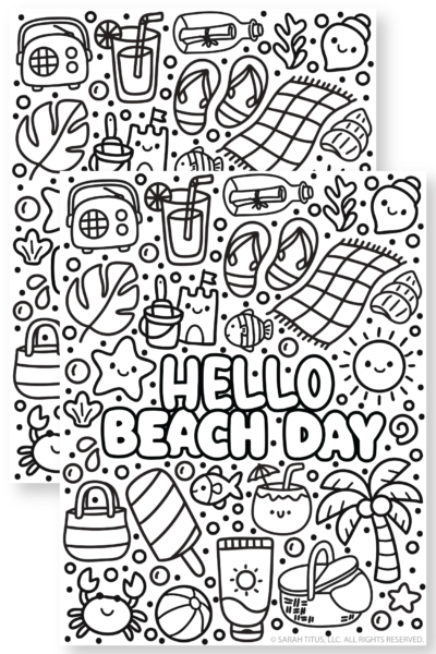 Hello Beach Day coloring page printable with big bubble letters and cute beach doodles like flip flops, sun, crab, palm tree, sandcastle, and sunscreen (black and white).