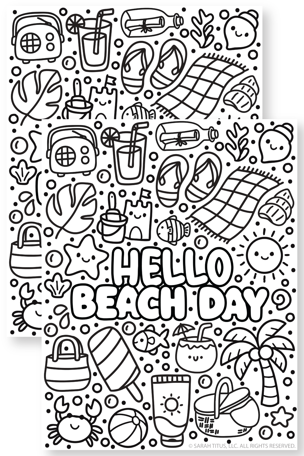 Hello Beach Day coloring page printable with big bubble letters and cute beach doodles like flip flops, sun, crab, palm tree, sandcastle, and sunscreen (black and white).