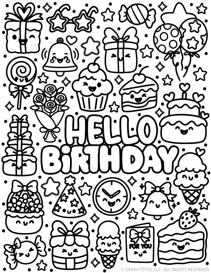 Hello birthday coloring page with cute cake cupcakes gifts balloons and stars