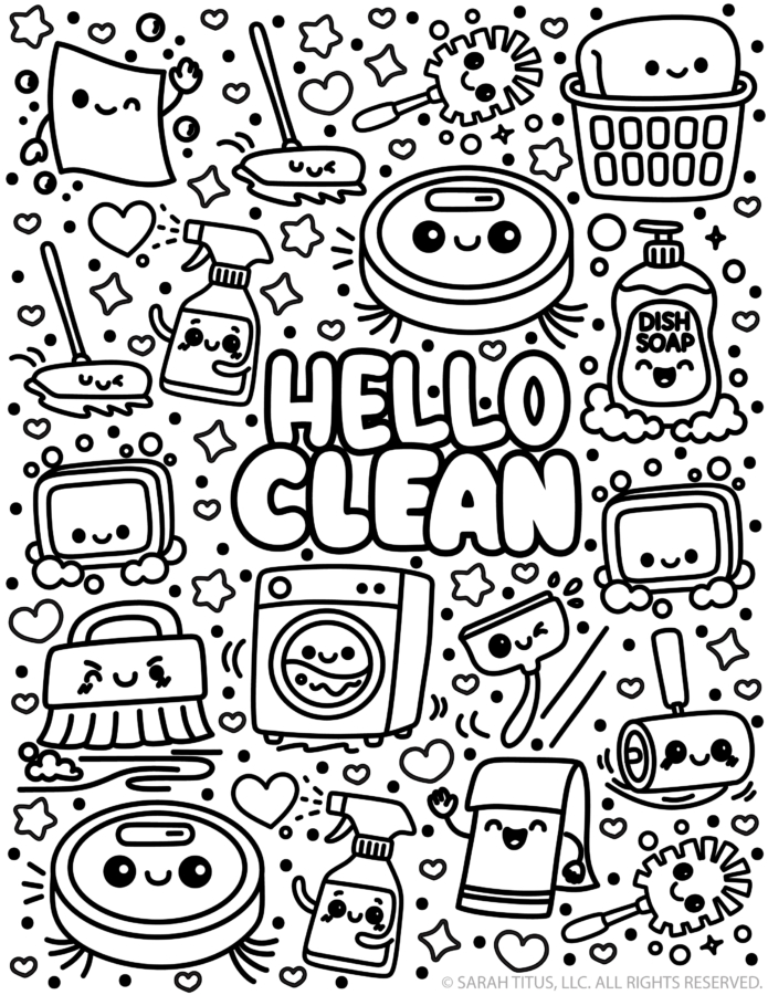 Hello Clean coloring page with cute kawaii cleaning supplies, robot vacuum, spray bottle, dish soap, and laundry basket