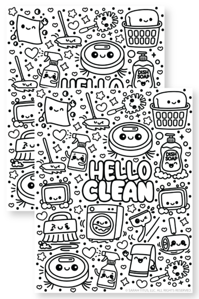 Free printable Hello Clean coloring sheet featuring adorable cleaning doodles like a washing machine, broom, scrub brush, and bubbles