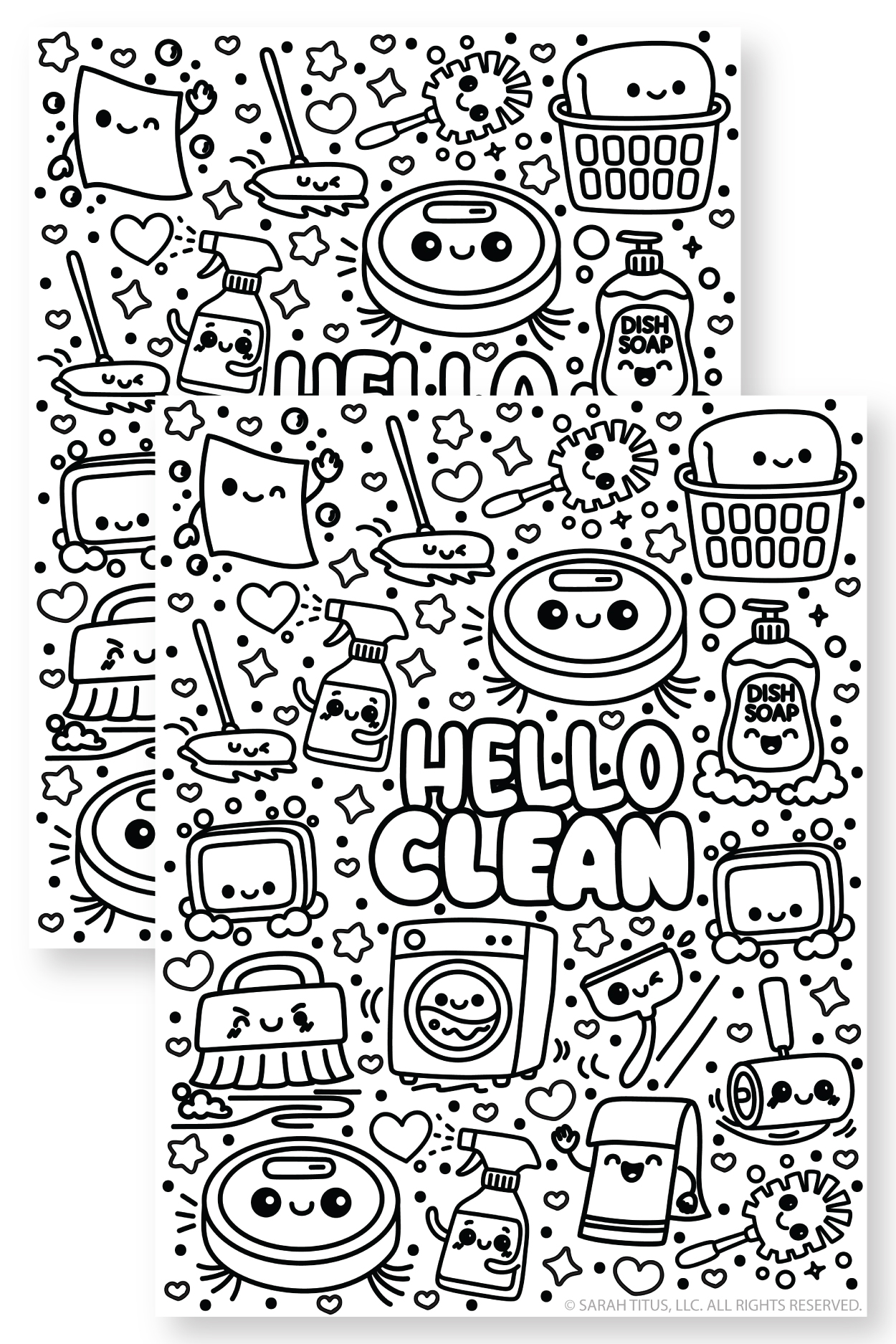 Free printable Hello Clean coloring sheet featuring adorable cleaning doodles like a washing machine, broom, scrub brush, and bubbles