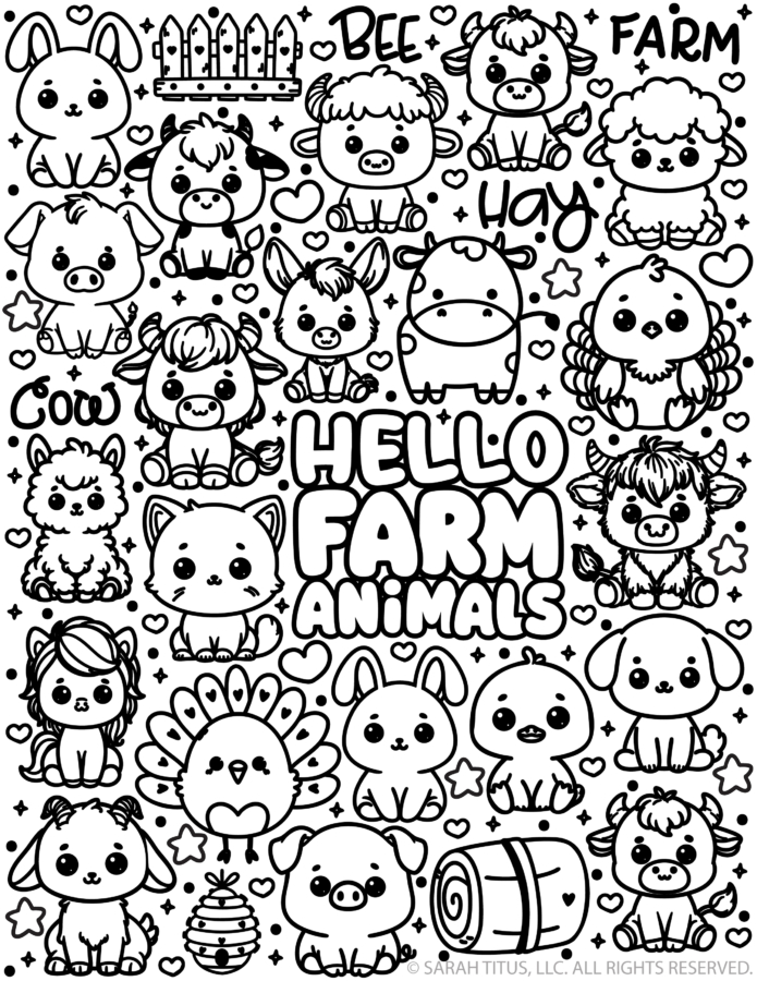 Hello Farm Animals coloring page featuring cute kawaii cows, pigs, sheep, rabbits, turkeys, chickens, dogs, cats, and a donkey.