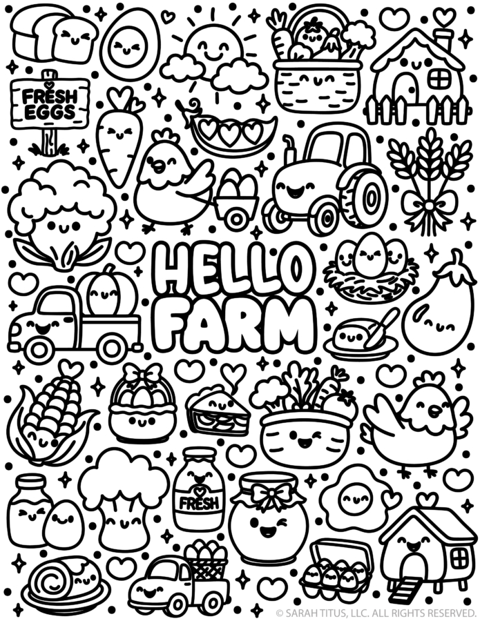 Hello farm coloring page free printable with cute kawaii tractor, chicken, eggs, barn, and farm food doodles