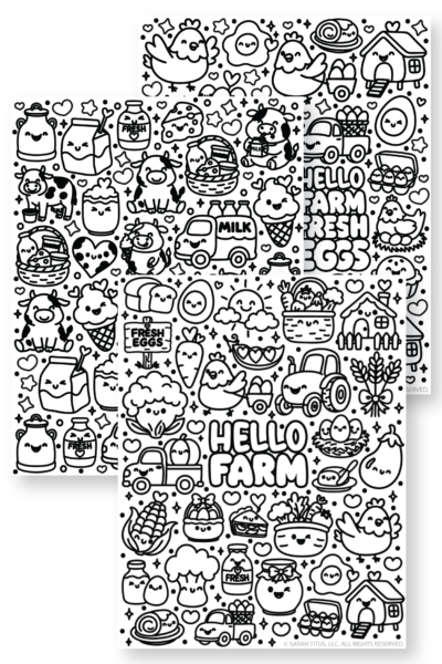 Stack of printable Hello Farm coloring pages with kawaii farm animals, tractors, eggs, milk, barns, vegetables, and cute farm doodles.