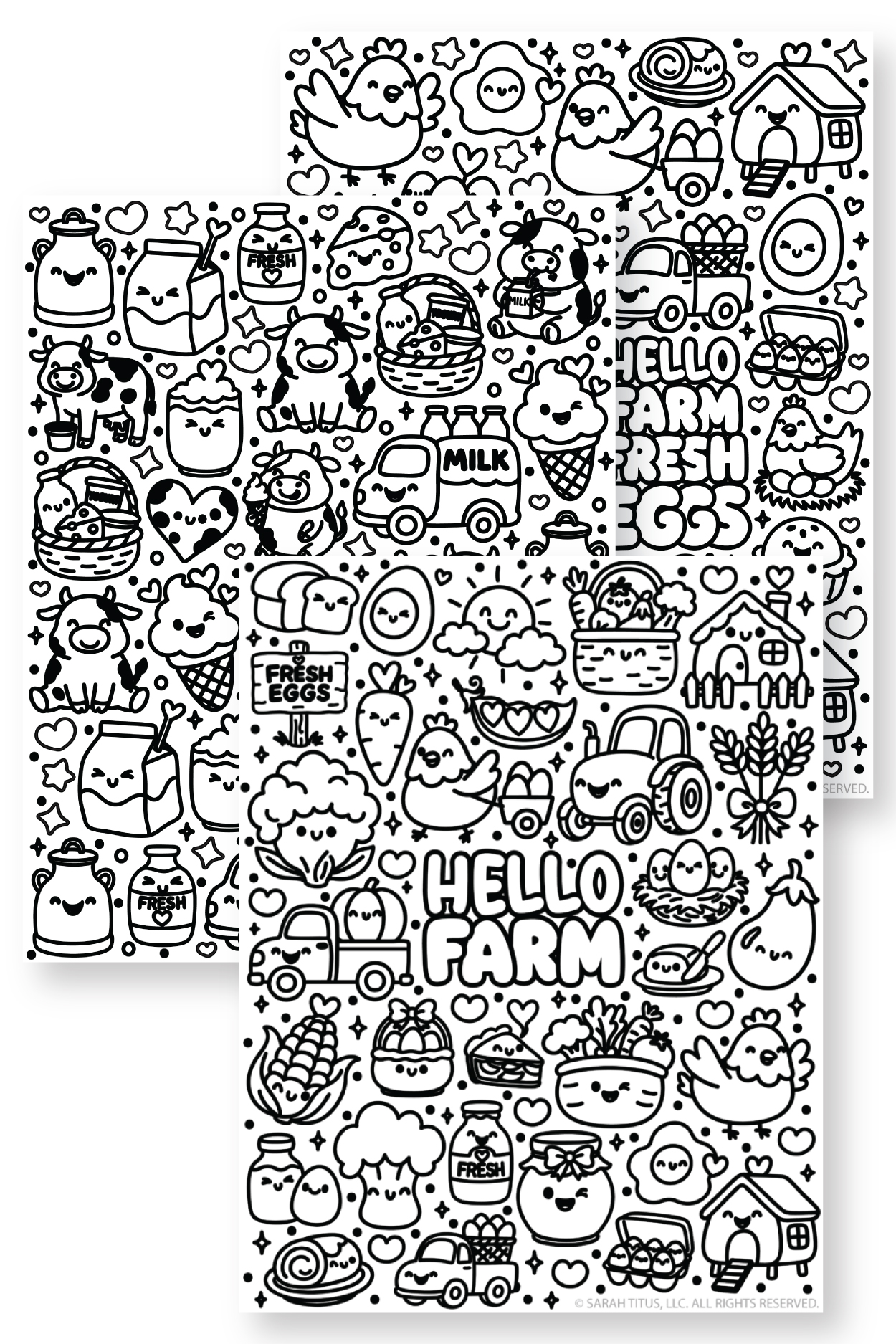 Stack of printable Hello Farm coloring pages with kawaii farm animals, tractors, eggs, milk, barns, vegetables, and cute farm doodles.