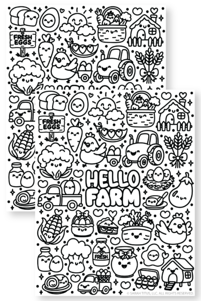 Cute hello farm coloring sheet with smiling farm icons, hearts, sparkles, produce, and farmhouse doodles