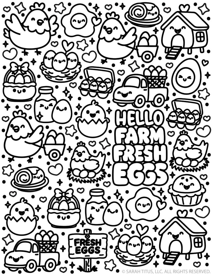 Hello Farm Fresh Eggs coloring page with kawaii chickens, eggs, egg cartons, nests, farm signs, trucks, and cute doodles.