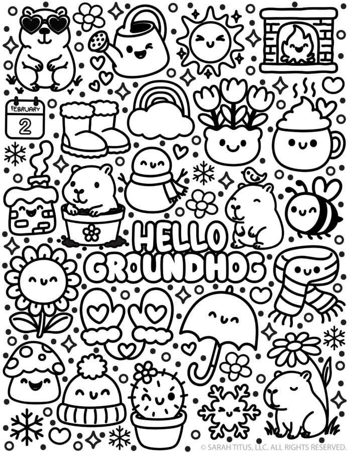 Hello groundhog coloring page with cute groundhog and cozy winter doodles in black and white