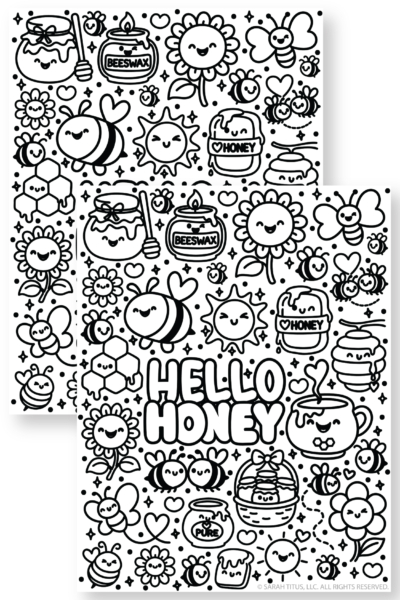 Cute bee and honey coloring sheet printable with “Hello Honey” lettering and honeycomb doodles