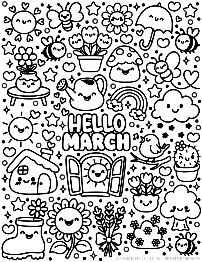 Hello March coloring page printable with cute spring doodles like flowers, bees, umbrella, rainbow, and smiling sun